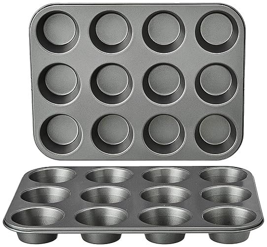 Amazon Basics Nonstick Round Muffin Baking Pan, 12 Cups, Set of 2, Gray, 13.9x10.55x1.22"