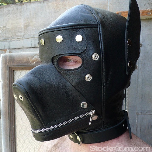 Leather Dog Hood with Snap-on Muzzle, Blindfold and Gag - M/L