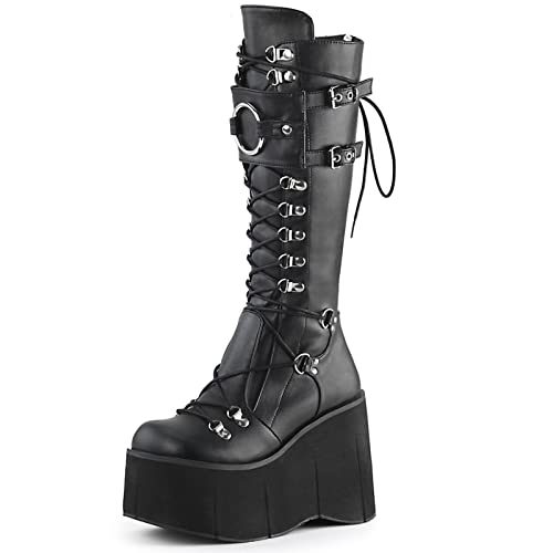 AMINUGAL Womens Platform Knee High Boots Chunky Heel Zipper Round Toe Fashion Motorcycle Punk Goth Boots Combat Boots For Women - 7 - A-black