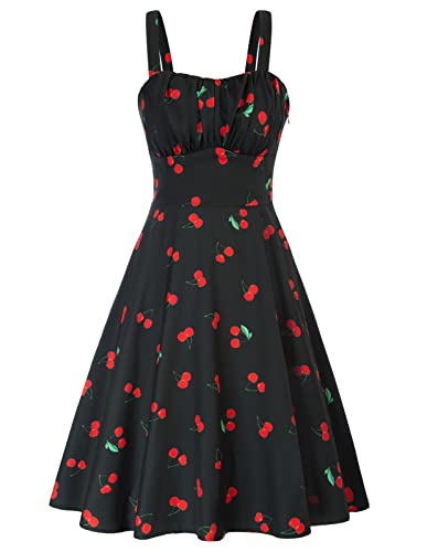 Belle Poque Women's Vintage Sleeveless Floral Ruched Summer Cute A-Line Flowy Swing Midi Dress - Black Cherry - Small