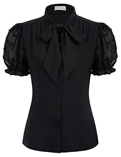 Belle Poque Short Sleeve Blouse for Women Summer Button Down Shirts Tops with Bow Tie - Black Swiss Dots - Small