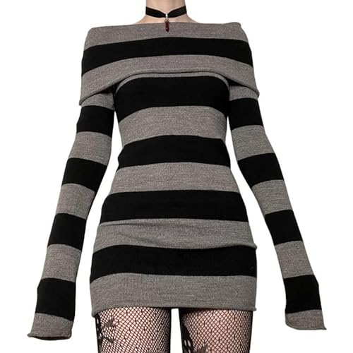 Women Goth Dresses Striped Off Shoulder Knit Dress Y2k Fairy Grunge Mini Dress 90s E-Girl Punk Gothic Academia Dress - Aa Off Shoulder Black - Small
