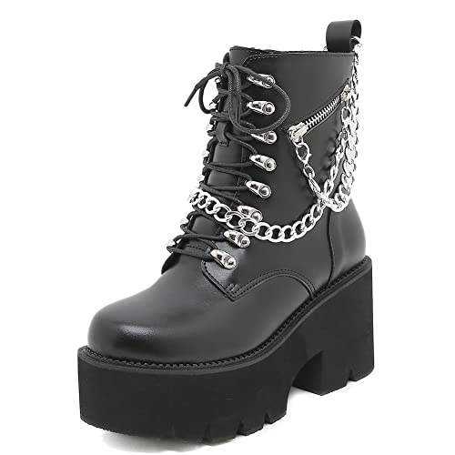 Makmeoyw Women's Platform Goth Ankle Boots Black Chain Boots Punk Mid Calf Boots - 8 - 305 Black