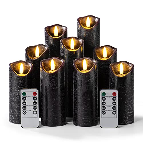 Hausware Set of 9 Flameless Candles Black Candles Battery Operated LED Real Wax Flickering Electric Candles with Remote Control Timer for Wedding Birthday Halloween Christmas Decorations (Black Color) - E-Black