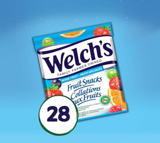 Mixed Fruit Gummy Snack Bundle. Includes (1) Box of Welch's Mixed Fruit Gummy Snacks (616g - 28 total pouches) with BIG MAPLE Trivia Cards to Enjoy While Snacking at Home School Office or with Friends Family – Peanut Free, Made with Real Fruit, Gluten Free