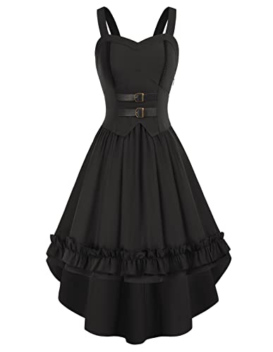 SCARLET DARKNESS Womens Vintage Ruffle Dress Hi-Low Hem Gothic Steampunk Dresses - Small - Black