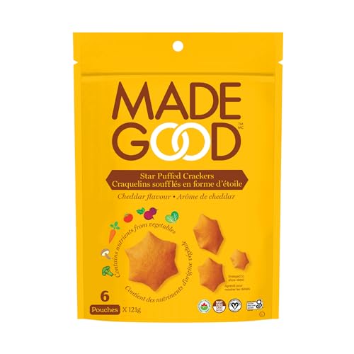 MadeGood Star Puffed Crackers, Cheddar, 121g x 6 Pouches, Gluten Free Snacks - Cheddar Cheese - 20.17 g (Pack of 6)