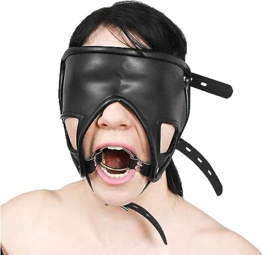 MFMYEE Leather Bondage Mask With Blindfold Hood & Mouth Gag Metal,Adjustable Full Face Head Masks Bondage Gag Kit, BDSM Slave Restraint Training Toy Cosplay For Unisex Adults Couples