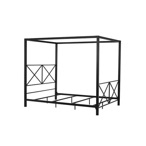DHP Rosedale Metal Canopy Bed Frame with Four Poster Design and Geometric Accented Headboard and Footboard, Underbed Storage Space, Queen, Black - Black - Queen