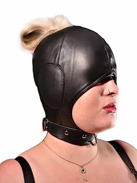 Leatherotics Leather Bondage Hood - Open Mouth Bondage Mask for Fetish Play - Open-Face-Blk