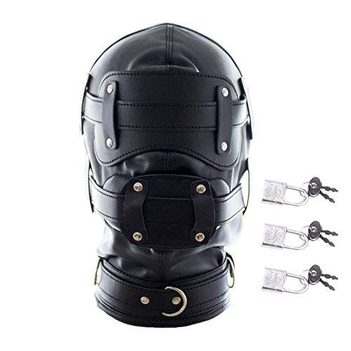 FST Black Leather Bondage Mask Hood,Full Face Blinder Detachable Cover Eye Dildo Mouth Gag Head Hood, for Unisex Adult Play - Short mouth gag