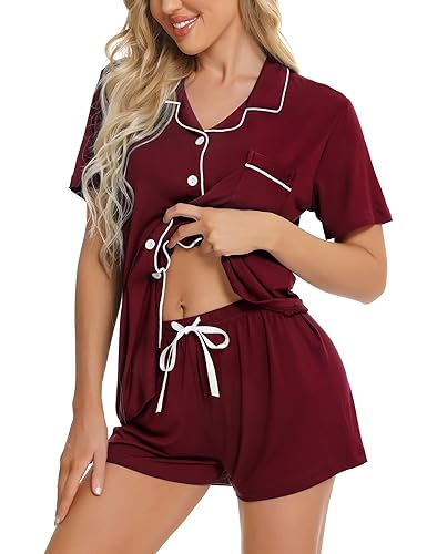 SWOMOG Womens Button Down Pajamas Set Short Sleeve Sleepwear Bride Soft Pj Lounge Sets XS-3XL - Medium - Deep Wine Red