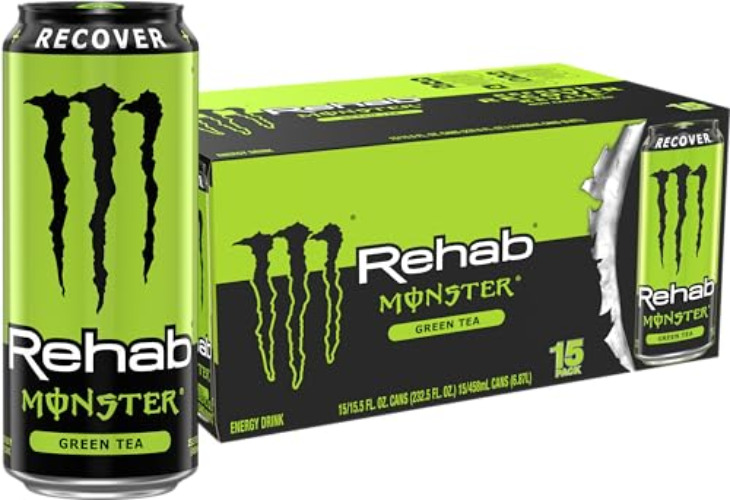Monster Energy Rehab Green Tea + Energy, Energy Iced Tea, Energy Drink 15.5 Ounce (Pack of 15)