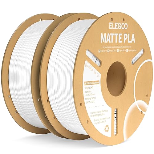 ELEGOO Matte PLA Filament Matte White 2KG, 1.75mm 3D Printer Filament Dimensional Accuracy +/- 0.02mm, 2pcs 1kg Carboard Spool (2.2lbs) for Most FDM 3D Printers - White-2 Pack