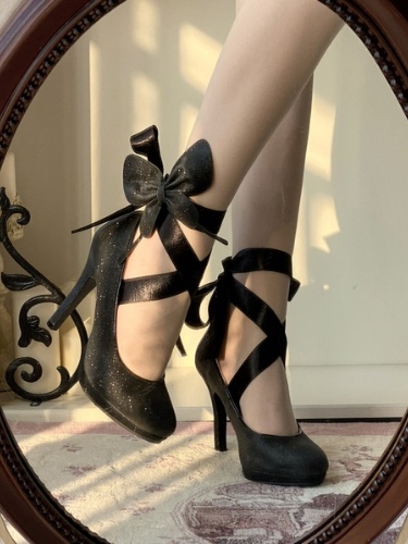 [$47.70]Shimmering Black Butterfly Clips High Heels Balletcore Lace-up Formal Shoes