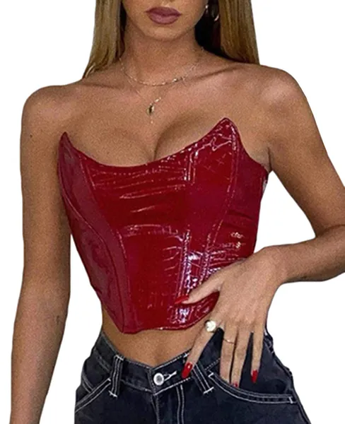 Modegal Women's Satin Strapless Open Back Zipper Push Up Fish Boned Overbust Bustier Corset Crop Top