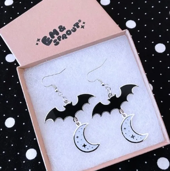 Bat & Moon Glitter Earrings  Enamel Charms on Silver Plated | Etsy