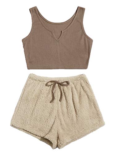 Milumia Women's Two Piece Pajama Crop Tank Top Tie Waist Fluffy Teddy Shorts Lounge Set - Small - A Brown and Beige