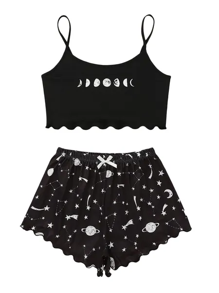 SOLY HUX Women's Cartoon Print Lettuce Trim Cami Top and Shorts Cute Pajama Set Sleepwear - Small Black Star Moon