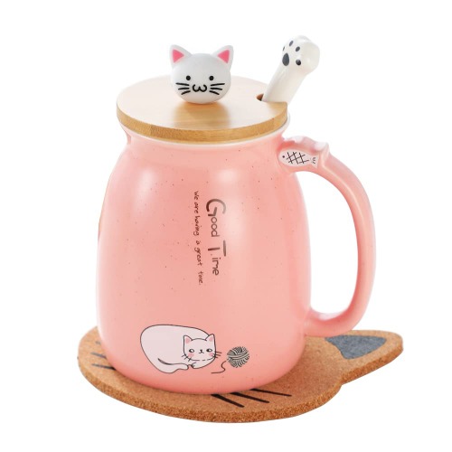 Cat Mug Cute Ceramic Coffee Cup with Lovely Kitty Lid, Cat Paw Spoon,kawaii coaster,Novelty Morning Cup Tea Milk Christmas Mug 380ML - Pink