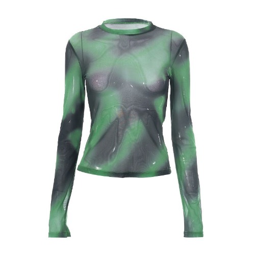 'Emerald' Green Mesh Tie Dye Pattern Top - Green / M / China