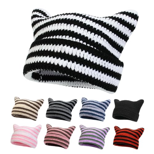 Crochet Hats for Women Knitted Cat Ear Beanie Y2k Beanie Stylish Vintage Slouchy Female Hat Caps - White and Black - Polyester