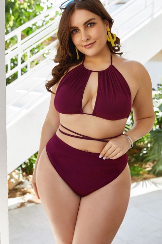 Plus Size Cutout Tied Backless Bikini Set - Red / 4XL