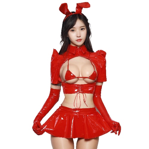 Leather Boob Window Bunny Outfit - Red A / M