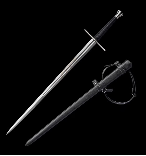 Medieval Sword Real Hand Forged Spring Steel 46" with Black/Brown Scabbard Longsword Modernization Handmade Full-Tang Tempered - Black