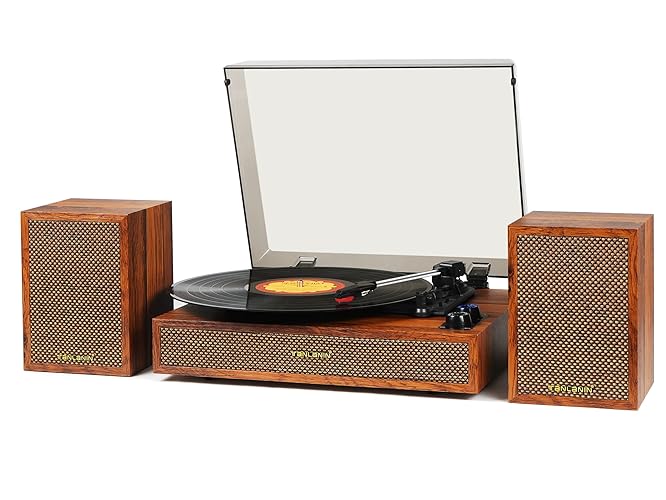 Vinyl Record Player with External Speakers, 3 Speed Bluetooth Turntable for Vinyl Records, Vintage Belt Drive Record Player with Stereo Speakers and Auto Stop, RCA Audio Out and Aux-in,Light Wood - Light Brown