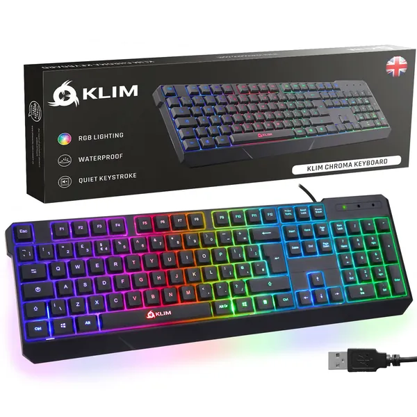 KLIM Chroma Gaming Keyboard UK Layout + Slim, Durable, Ergonomic, Quiet, Water resistant, Silent Keys, USB + Wired Backlit Keyboard for Laptop PC Mac Gamer PS4 keyboard + NEW 2022 VERSION + Black