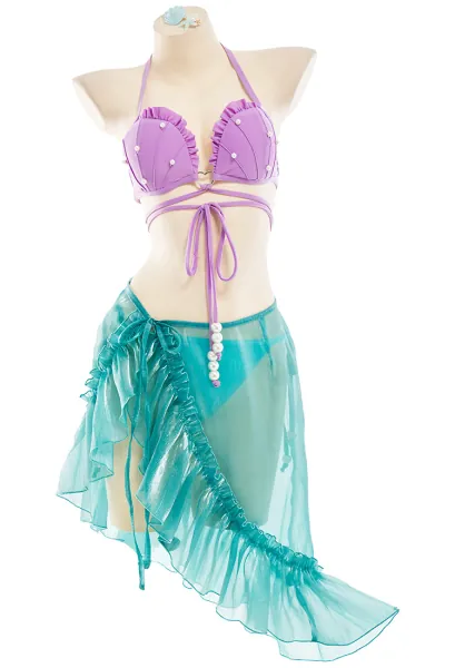 Bikini Set Mermaid Halter Bathing Suit Beach Swimsuit with Skirt and Headdress