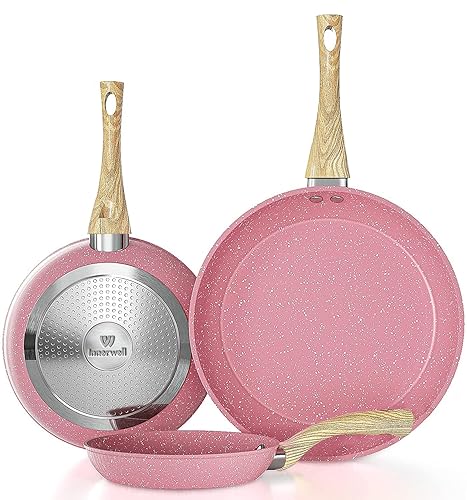 Frying Pan Nonstick Set, 8" & 9.5" & 11" Pink Egg Pan, Non Stick Fry Pan Set PFOA-Free Omelet Pan, Toxin-Free Skillets Stone Cookware, Anti-Warp Base with All Stove Tops Available,Induction Compatible - Pink