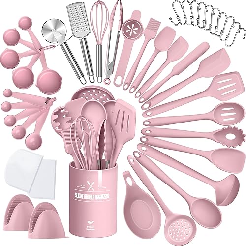 Silicone Cooking Kitchen Utensil Set, AIKKIL 43 Pcs Pink Cooking Utensils Set, Turner, Tongs, Spoon, Spatula, Kitchen Gadgets Tools Set For Nonstick Cookware, Heat Resistant (Dishwasher, BPA Free) - Pink