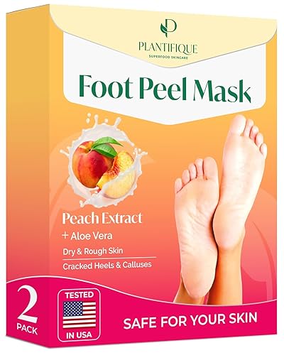 PLANTIFIQUE Foot Peeling Mask (2 Pairs) - Peeling Foot Mask Dermatologically Tested Repairs Heels & Removes Dry Dead Skin for Baby Soft Feet - Exfoliating Foot Peel Mask for Dry Cracked Feet (Peach) - Peach 2 pack