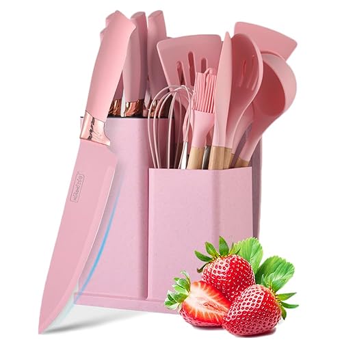 Cooking Utensils Set, Caliamary 19 PCS Silicone Kitchen Utensils Set with Holder and Kitchen Knife Set for Cooking, Non-stick Heat Resistan Kitchen Tools and Gadgets with Wooden Handle (Pink-19) - Pink-19