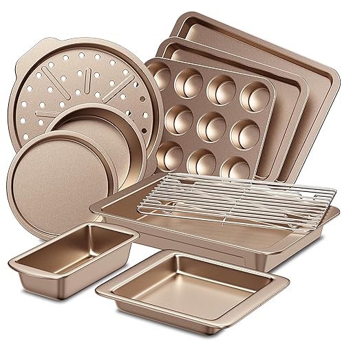 HONGBAKE Bakeware Sets, Baking Pans Set, Nonstick Oven Pan for Kitchen with Wider Grips, 10-Piece Including Rack, Cookie Sheet, Cake Pans, Loaf Pan, Muffin Pan, Pizza Pan - Champagne Gold - Champagne Gold - 10 Pieces Set