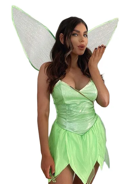 Women Halloween Forest Fairy Costume Dress Sexy Sequin Tube Tops Short Mini Dress with Wings