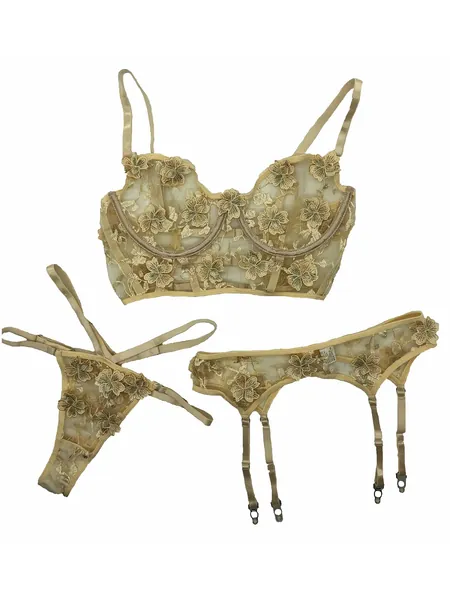 KUQBMRS Sexy Lingerie for Women 3 Piece Foral Lace Thong Lingerie Set with Garter Belt