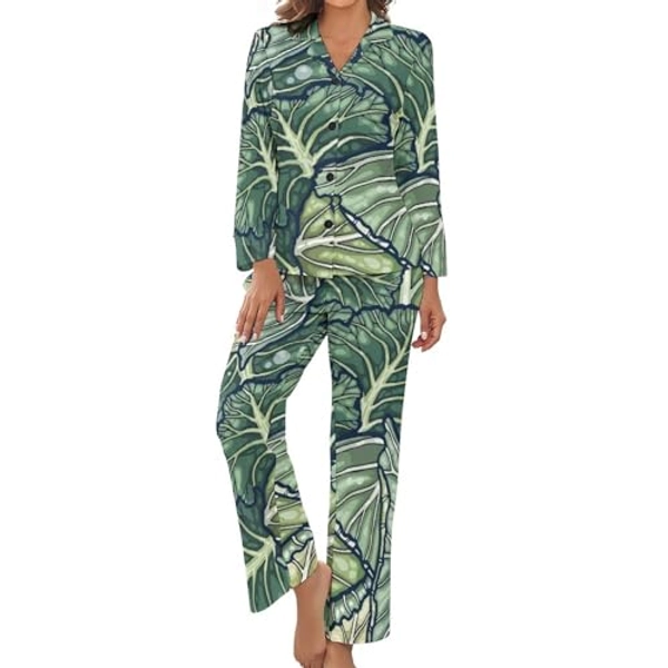 Vegetable Cabbage Womens Pajama Sets Pockets Pants Long Sleeve Sleepwear Nightwear Loungewear - X-Large