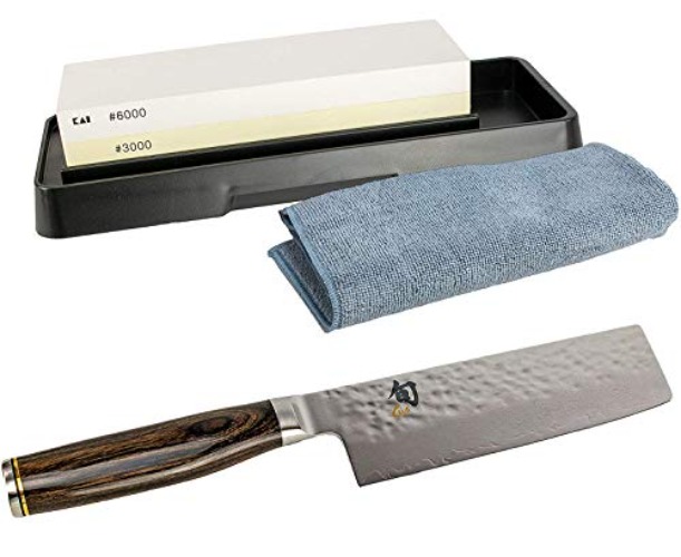 Kai SHUN Premier Tim MÄLZER NAKIRI ultrascharfes Japan Damastmesser 14 cm TDM-1742 + Kai Schleifstein AP-0316 mit 3000/6000 Körnung+ Premium- Poliertuch