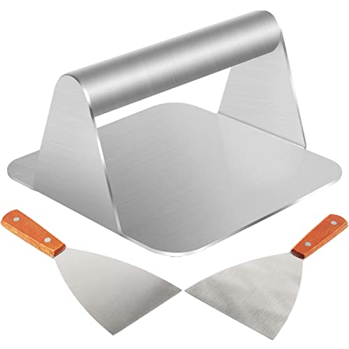MaxAwe Burgerpresse Werkzeuge mit Pfannenwender Kit 3 STK, 5,5 Zoll Quadrat Edelstahl Burger Smash mit 20cm Grillspatel, Grillzubehör für Teppanyaki-Grills und Backbleche, für Hamburgerpresse - Quadrat