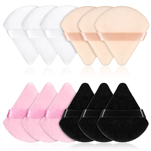 12 Pcs Triangle Powder Puff, 4 Colors Makeup Puff, Soft Body Sponge Foundation Cosmetic Makeup Tool, Wet & Dry Dual-Use Powder Puff Pads for Mineral Powder and Loose Powder (Black + White + Pink + Skin color) - Black + White + Pink + Skin color