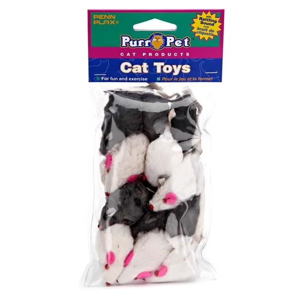 Penn-Plax Play Fur Mice Cat Toys | Mixed Bag of 12 Play Mice with Rattling Sounds | 3 Color Variety Pack - CAT531, Black and White - 