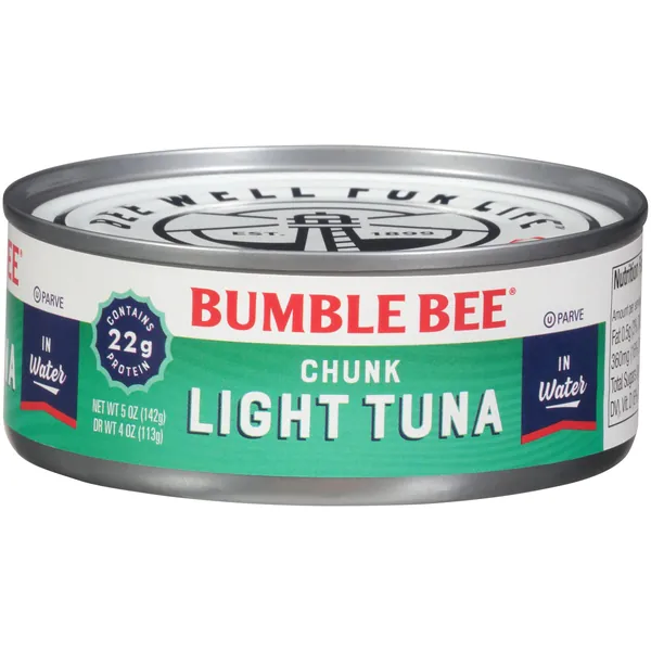 Bumble Bee Chunk Light Tuna In Water, 5 oz Cans (Pack of 24) - Wild Caught Tuna - 22g Protein Per Serving - Non-GMO Project Verified, Gluten Free, Kosher - Great For Tuna Salad & Recipes - Chunk Light in Water 5 Ounce (Pack of 24)