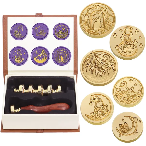 SWANGSA Wax Seal Stamp Set, Vintage 6 Pieces Sealing Wax Stamp Heads + 1 Wooden Handle Sealing Stamp Kit (Moon Set)