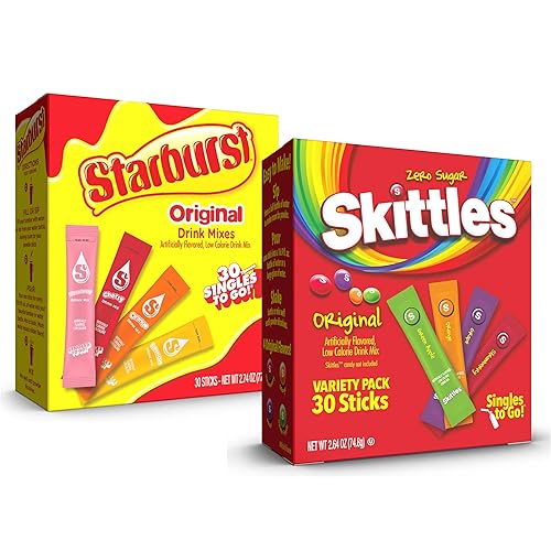 Skittles & Starburst Singles To Go Original & Starburst Flavors, 60 Count Variety Pack, Watertok Powdered Drink Mix, Zero Sugar, Low Calorie, Includes 4 Tropical & 4 Starburst Flavors - Skittles Wild Berry & Starburst