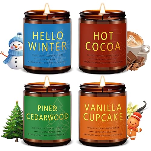 Winter Candle Set | 4 Pack Winter Scented Candles for Home | Holiday Gifts for Women Men | Soy Candles for Home Scented | Christmas Scents of Hello Winter/Pine&Cedarwood/Hot Cocoa/Vanilla Cupcake - 4Pack-Pine&Cedarwood/Cocoa/Vanilla Cupcake/Winter - Amber Jar
