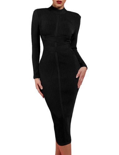 UONBOX Women's Long Sleeves Cross Strap Ribbed Club Party Midi Bodycon Bandage Dress - X-Large - Black