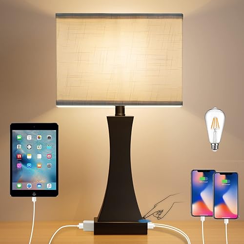 OYedis Table Lamp for Bedroom 3-Way Dimmable Touch Control Chrome Bedside Lamp with USB A+C Port & AC Outlet 21.6" Tall Nightstand Lamp for Living Room Office and Hotel Bulb Included - Black